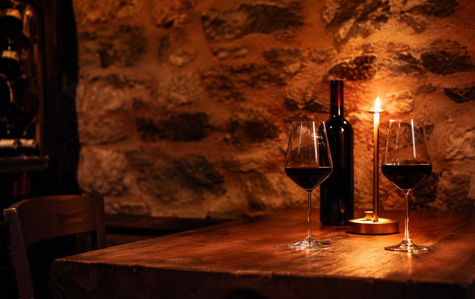 L'angolo cantina con due calici di rosso e una candela accesa