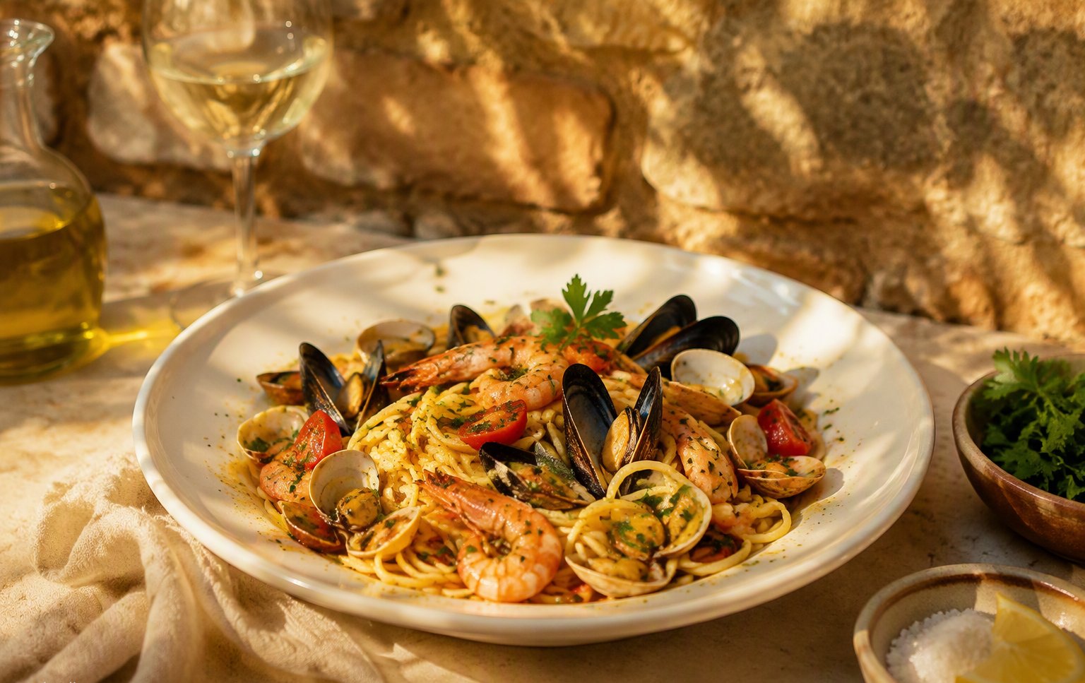 Gli spaghetti con vongole, cozze e pomodorini
