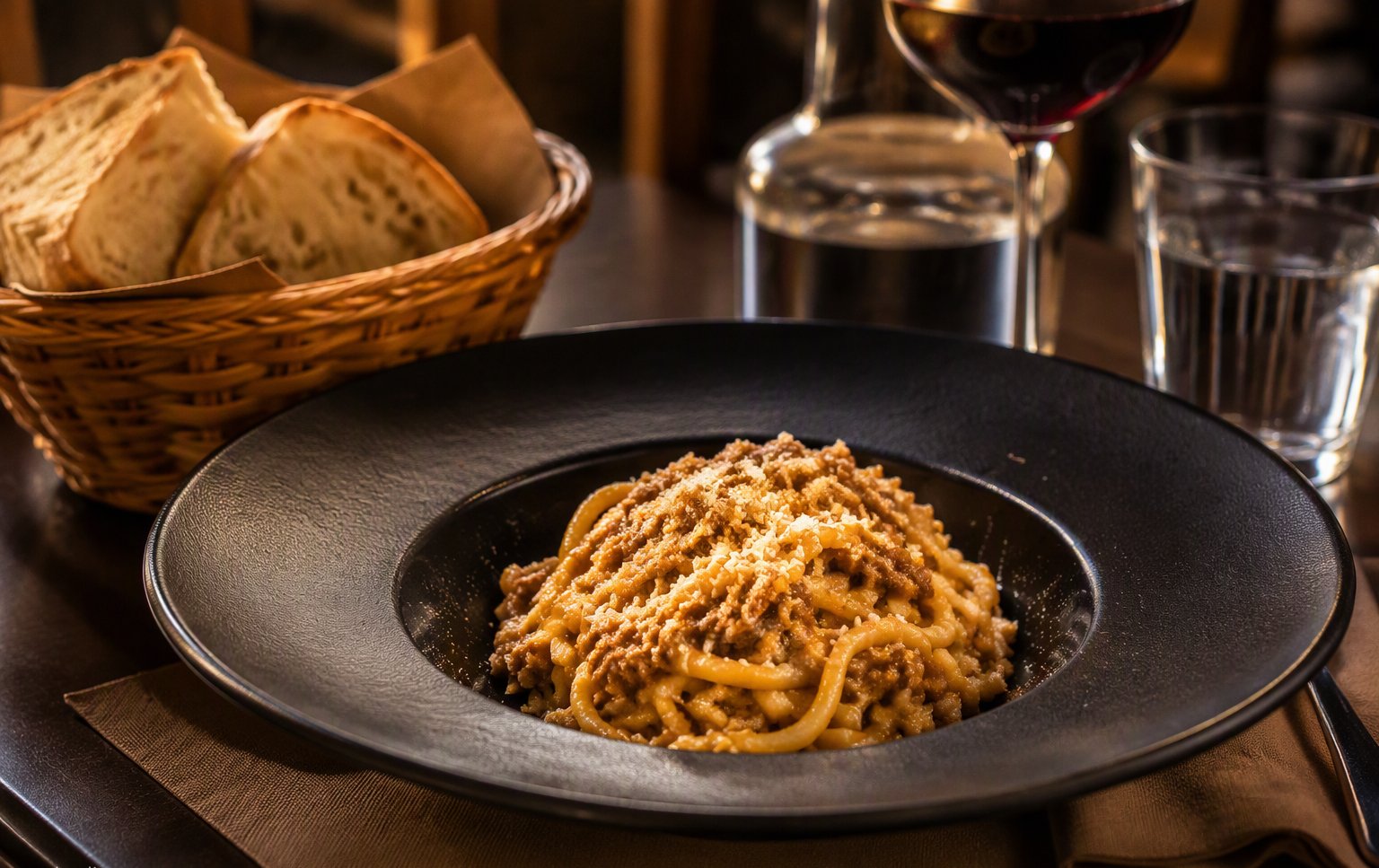 I pici al ragù nella ciotola nera