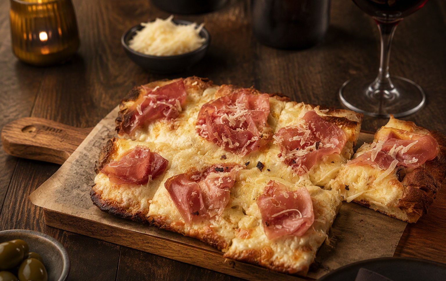 La pinsa con prosciutto crudo e scaglie di parmigiano sulla paletta di legno